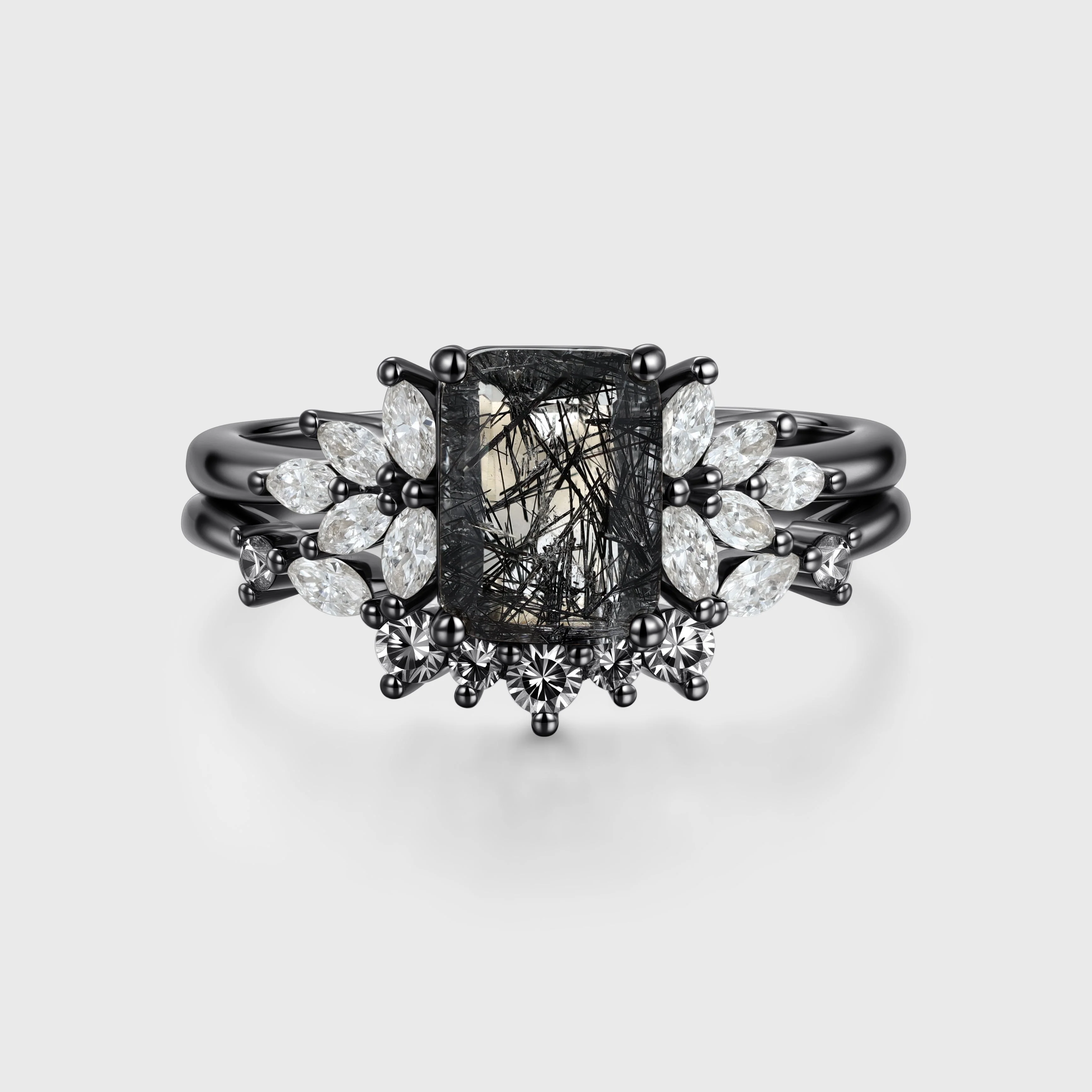Emerald cut Black Rutilated Quartz Engagement ring Bridal Set - Image 5