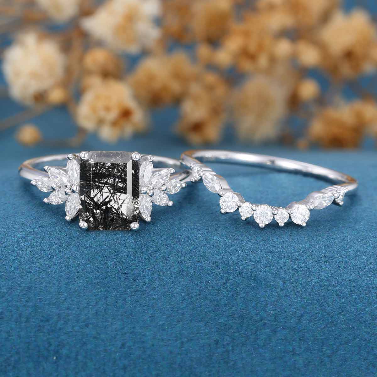 Emerald cut Black Rutilated Quartz Engagement ring Bridal Set - Image 6