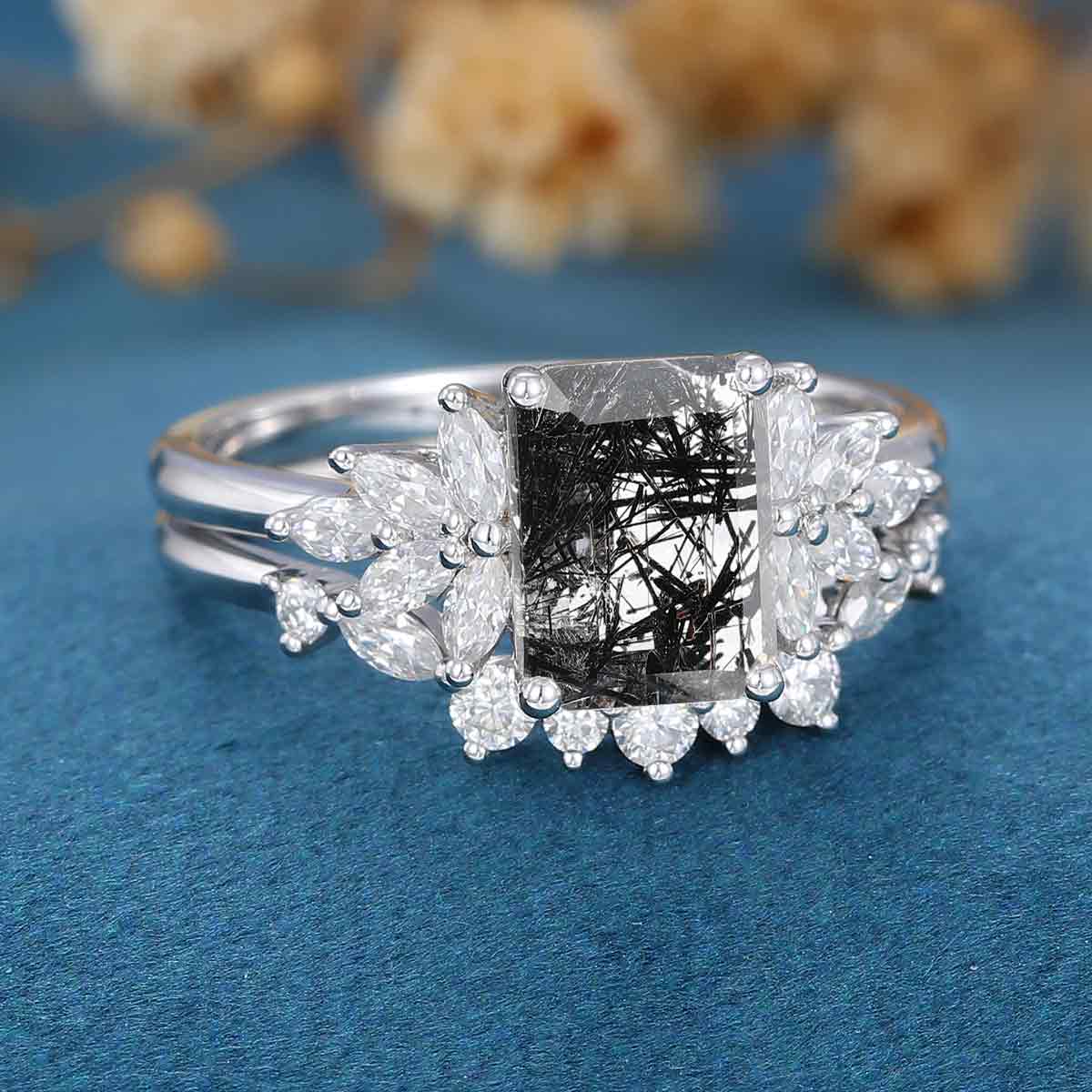 Emerald cut Black Rutilated Quartz Engagement ring Bridal Set - Image 7