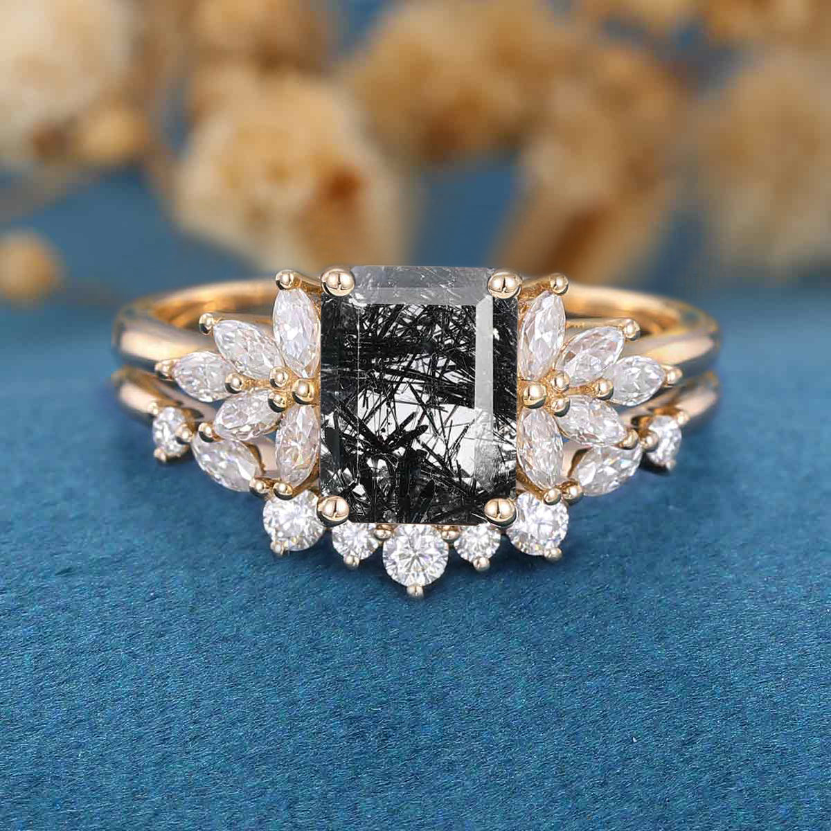 Emerald cut Black Rutilated Quartz Engagement ring Bridal Set - Image 8