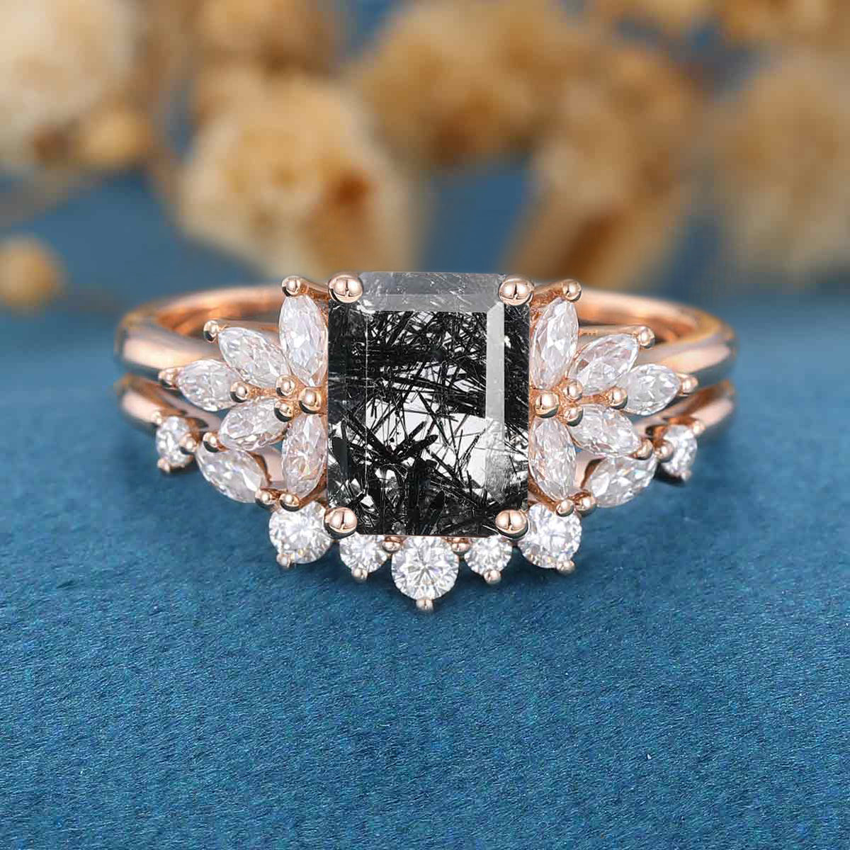 Emerald cut Black Rutilated Quartz Engagement ring Bridal Set - Image 9