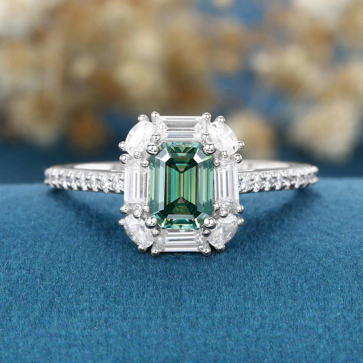 Emerald Cut Green Moissanite Rose Gold Halo Ring Half Eternity Moissanite Engagement Ring - Image 7