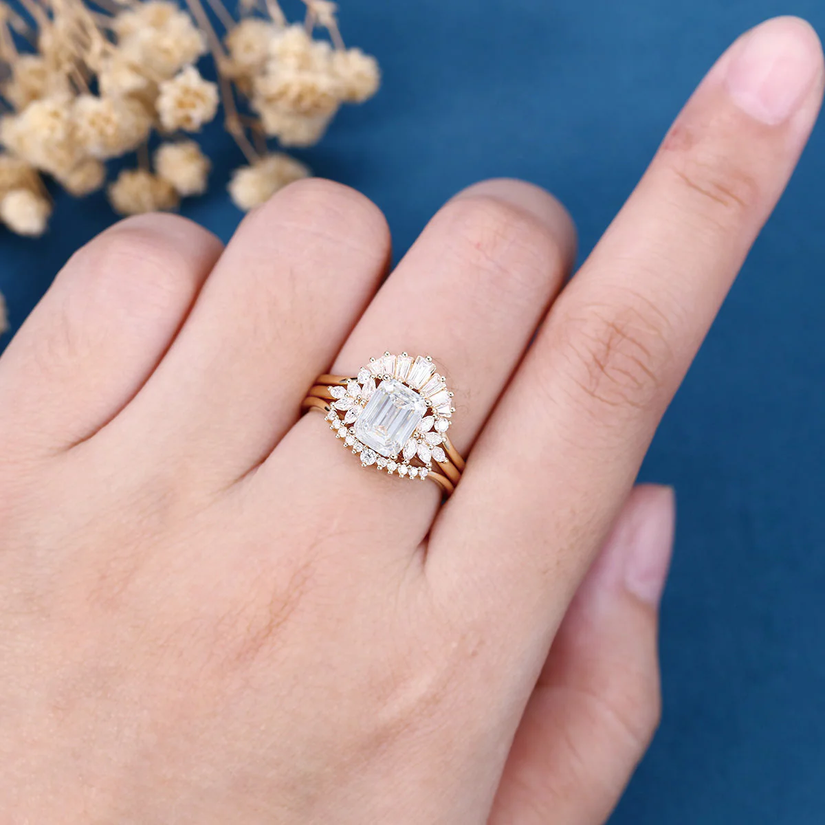 Emerald cut Lab-Grown Diamond Wedding Bridal Set - Image 2