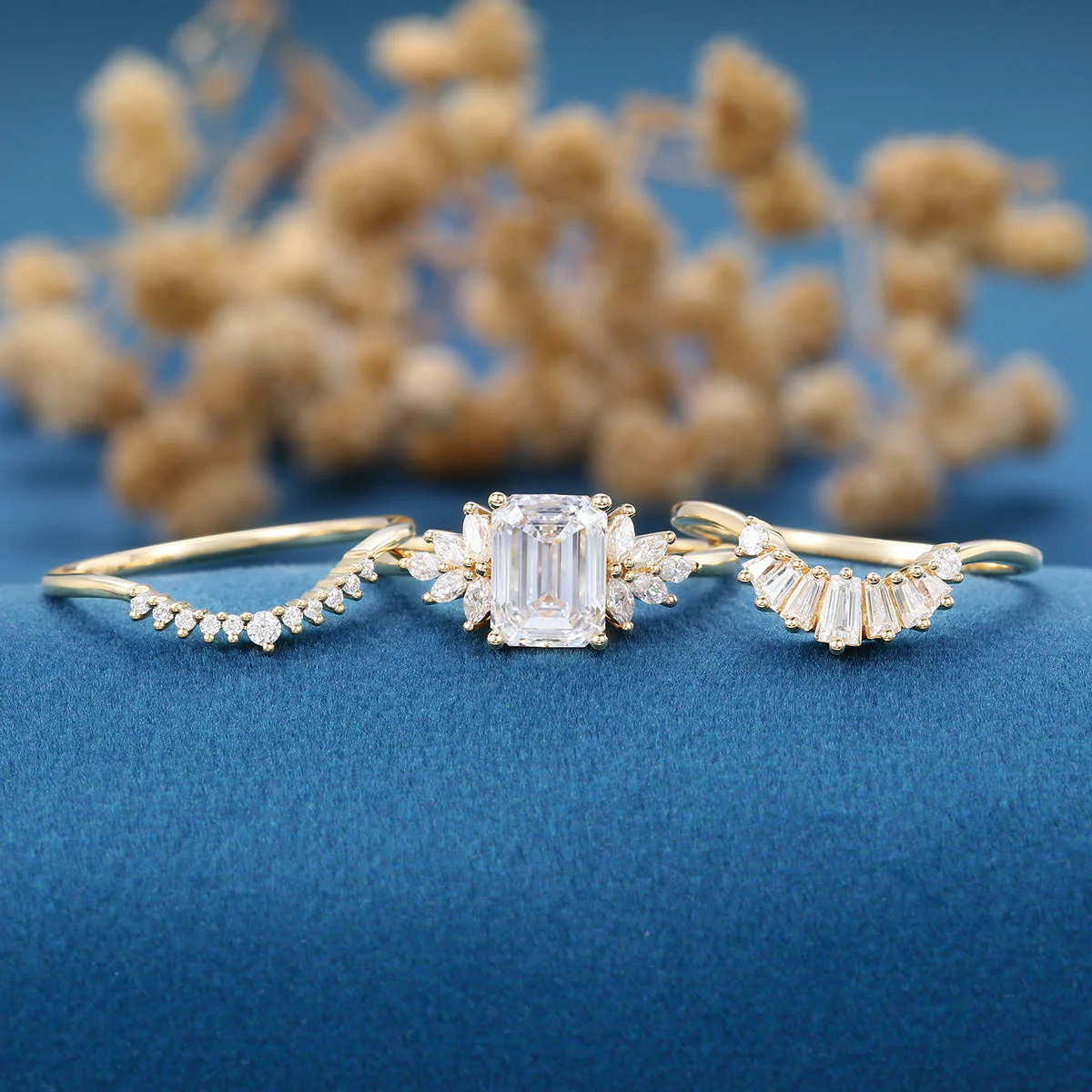 Emerald cut Lab-Grown Diamond Wedding Bridal Set - Image 3