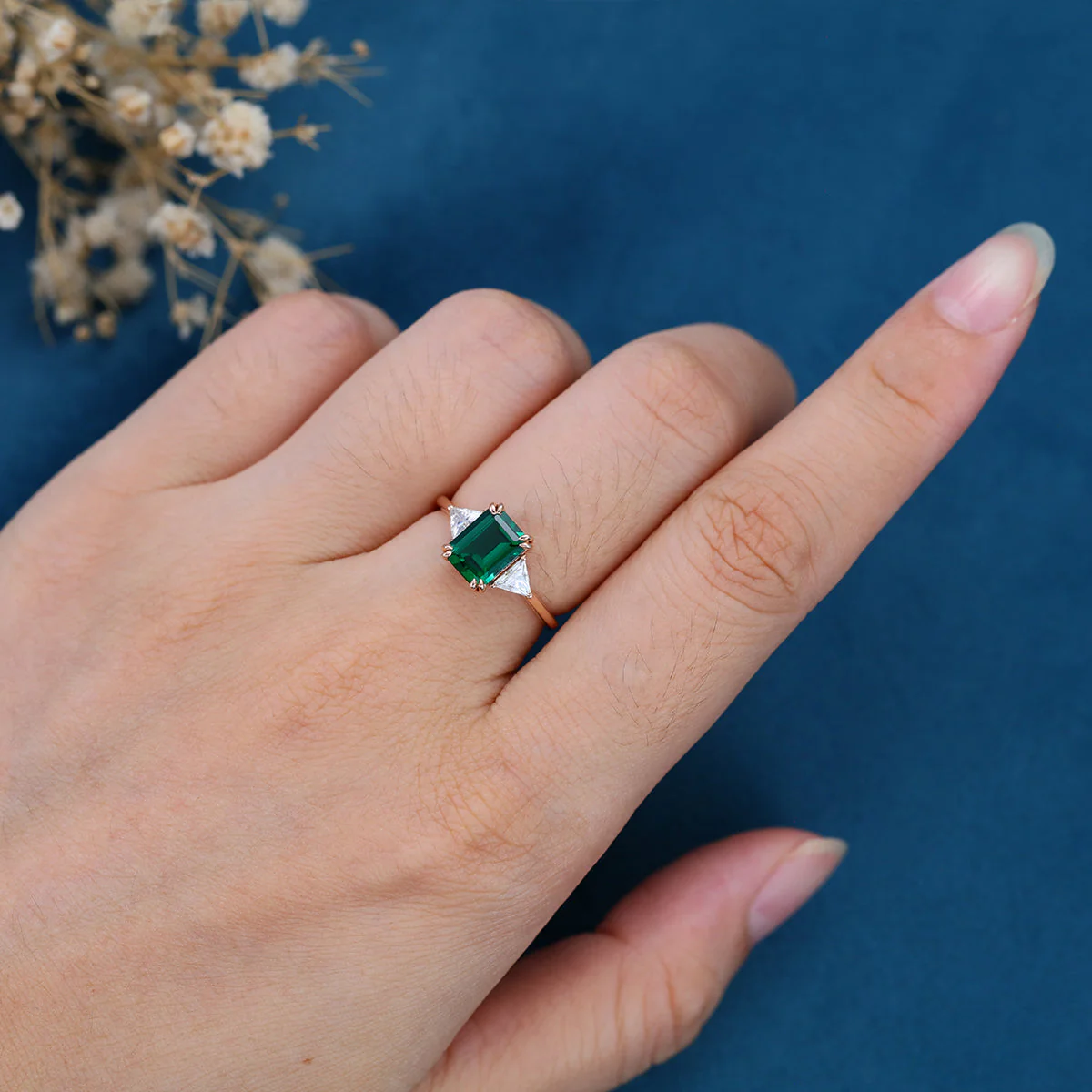 Emerald cut Lab grown Emerald Solid Gold Engagement Ring - Image 2