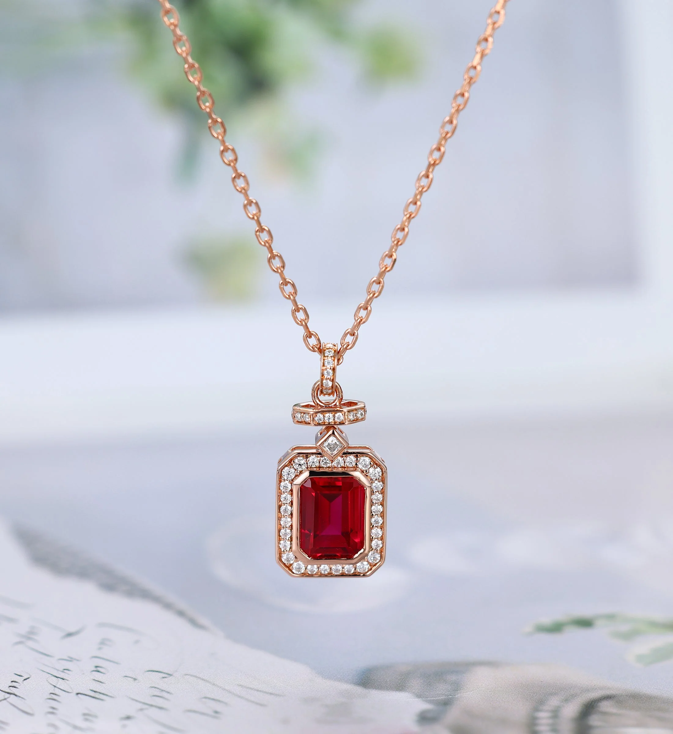 Emerald cut Lab Ruby Pendant Necklace with Moissanite Halo Accents - Image 3
