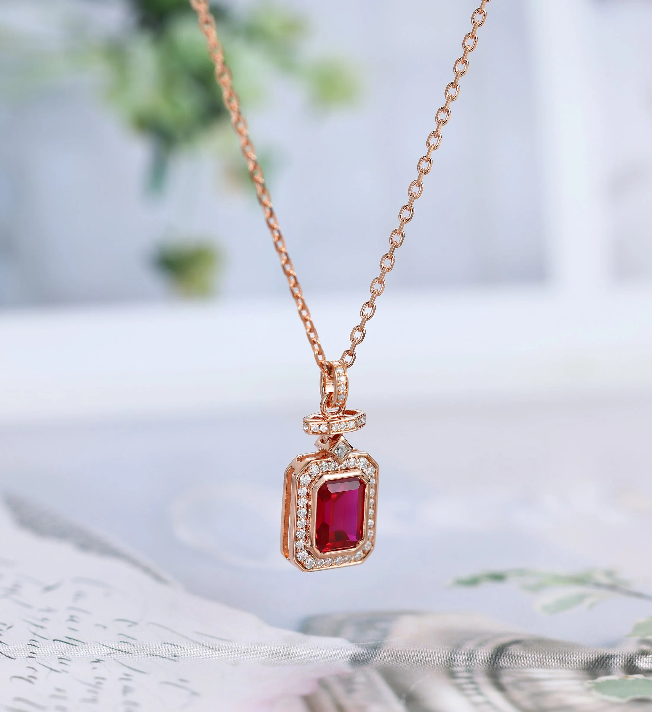 Emerald cut Lab Ruby Pendant Necklace with Moissanite Halo Accents - Image 4