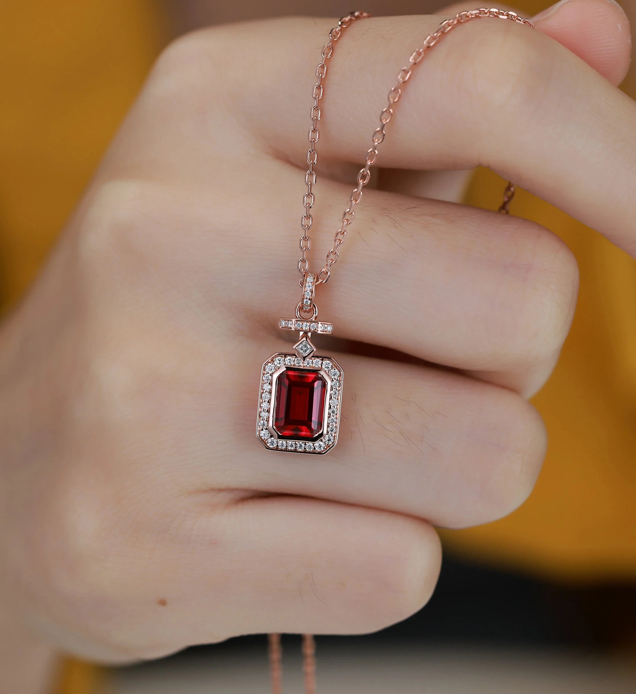 Emerald cut Lab Ruby Pendant Necklace with Moissanite Halo Accents - Image 5