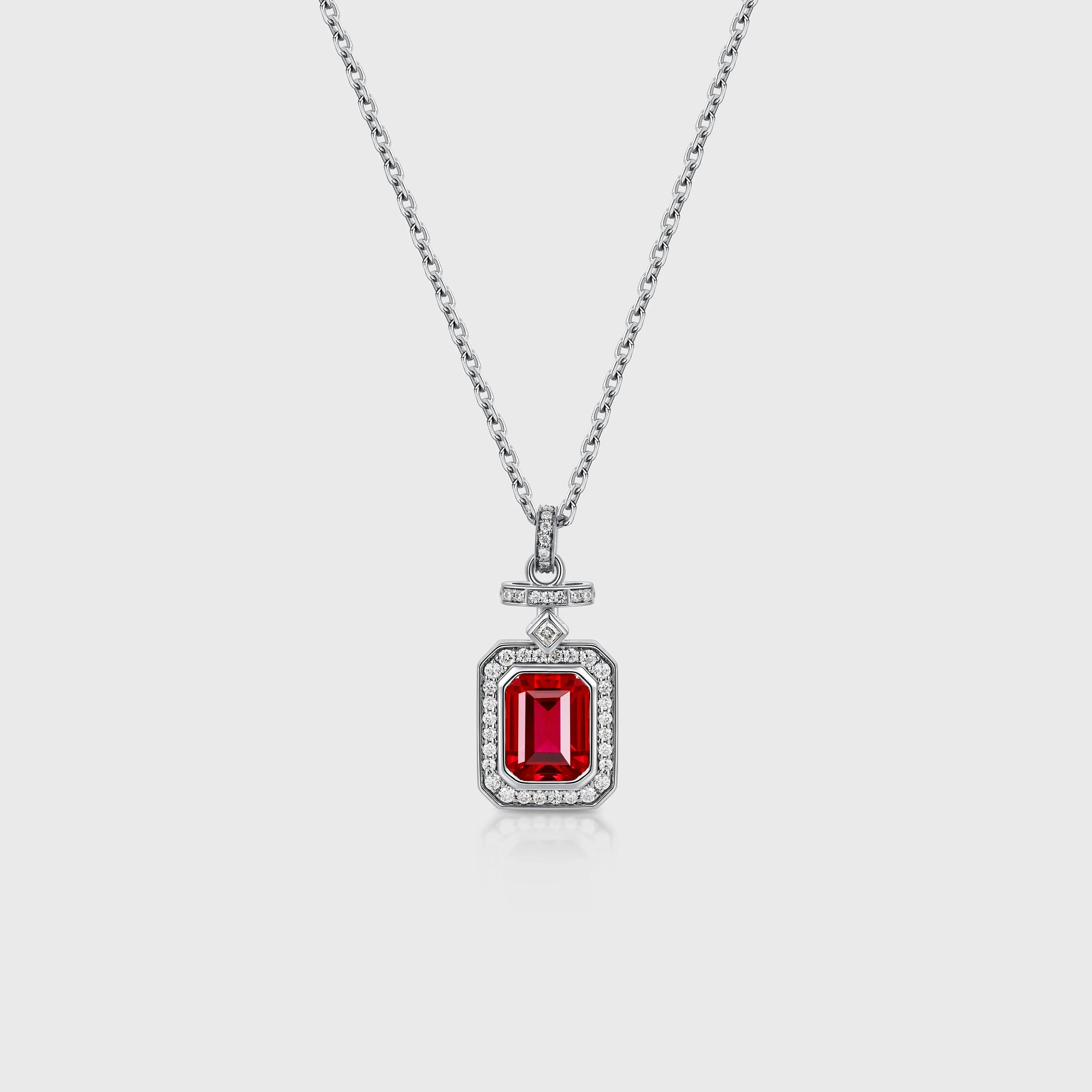 Emerald cut Lab Ruby Pendant Necklace with Moissanite Halo Accents - Image 6