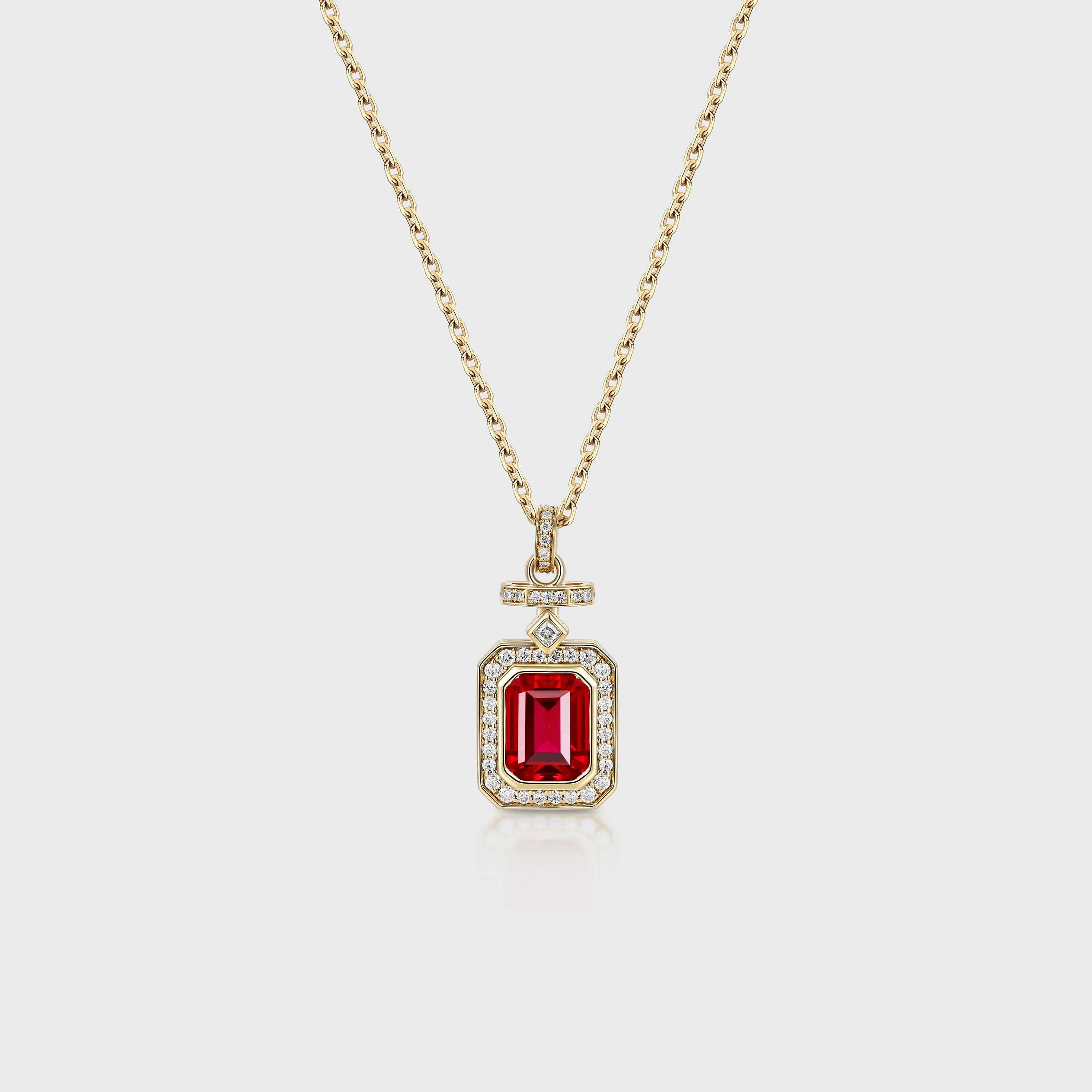 Emerald cut Lab Ruby Pendant Necklace with Moissanite Halo Accents - Image 7