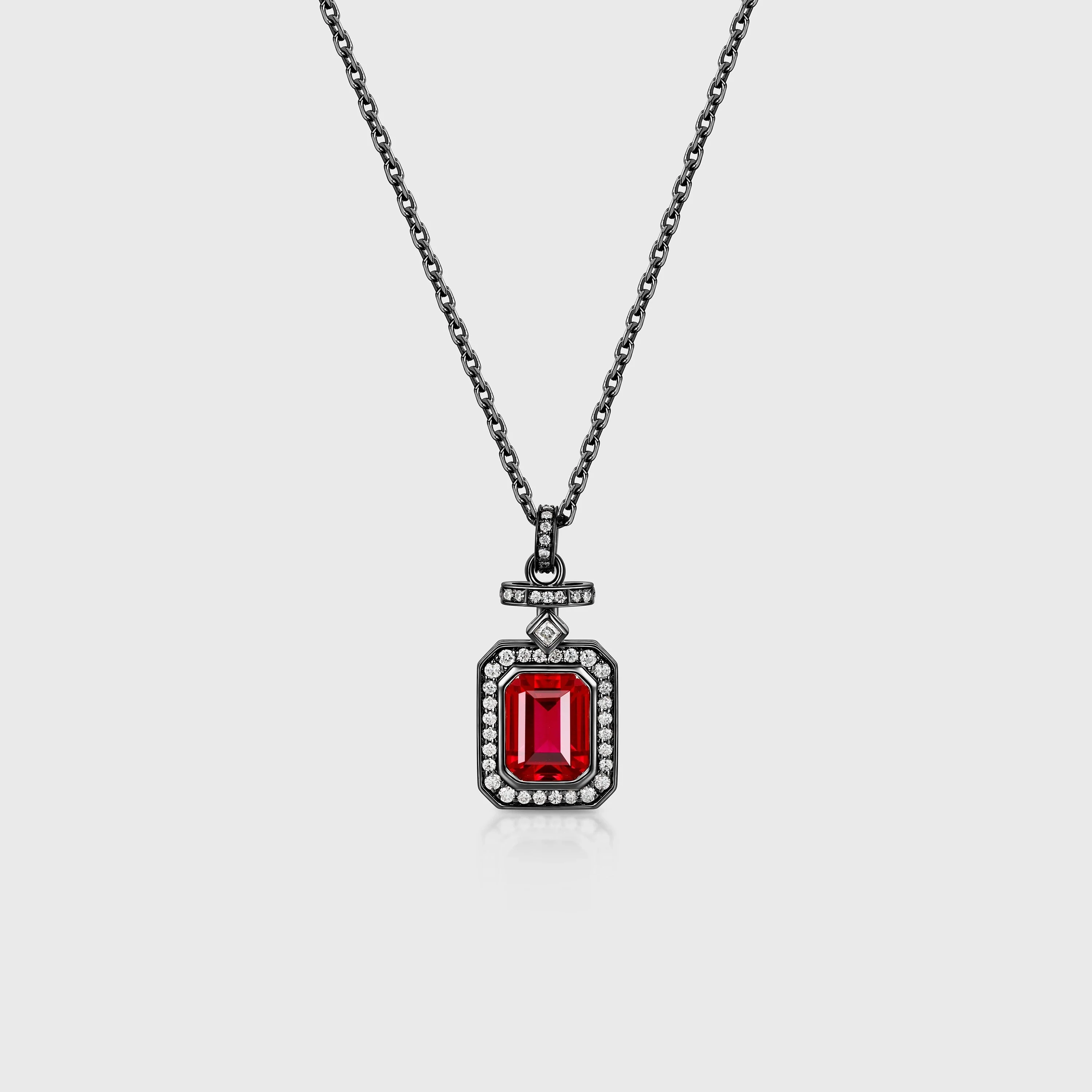 Emerald cut Lab Ruby Pendant Necklace with Moissanite Halo Accents - Image 8
