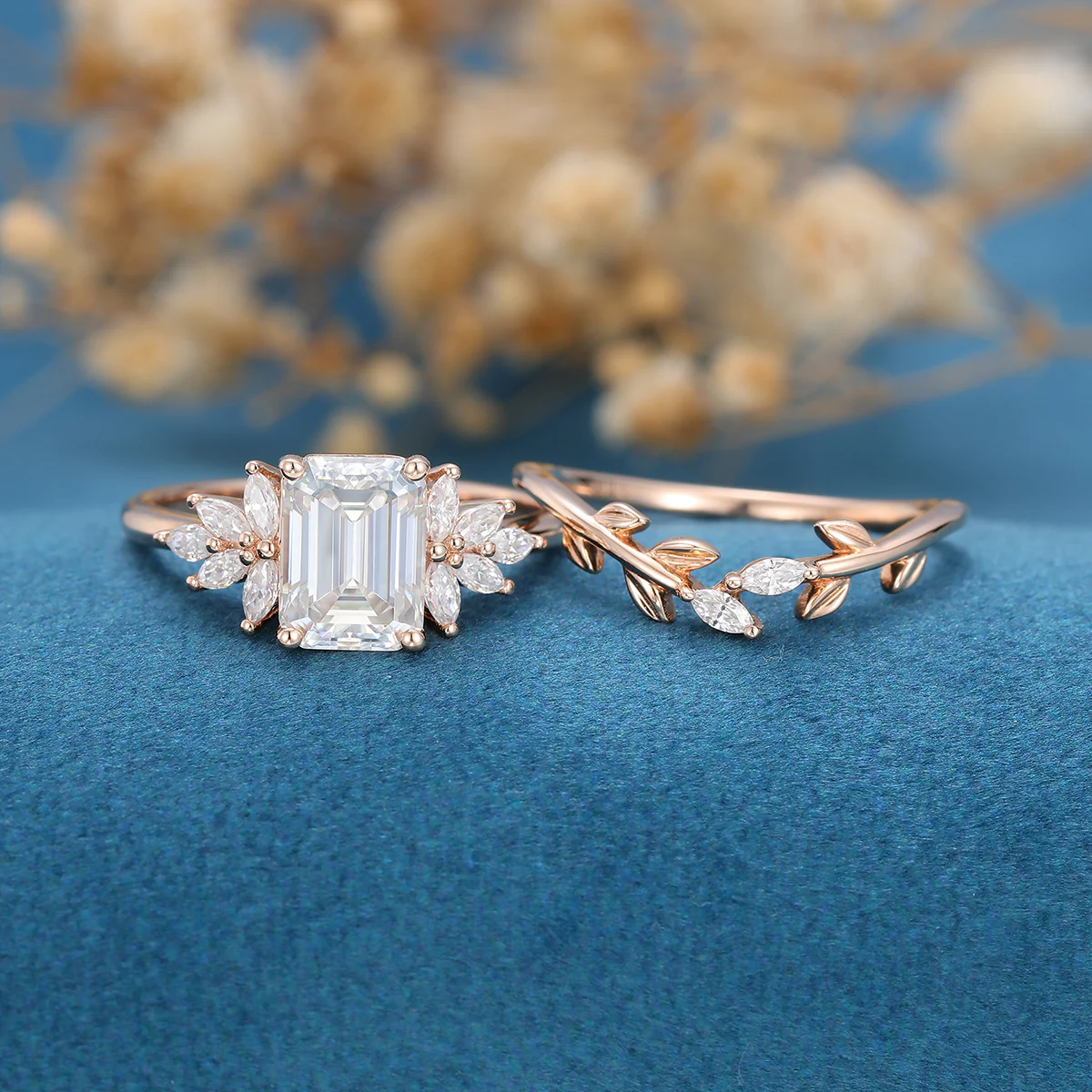 2PCS Emerald Cut Moissanite Cluster Engagement ring Bridal Set - Image 3