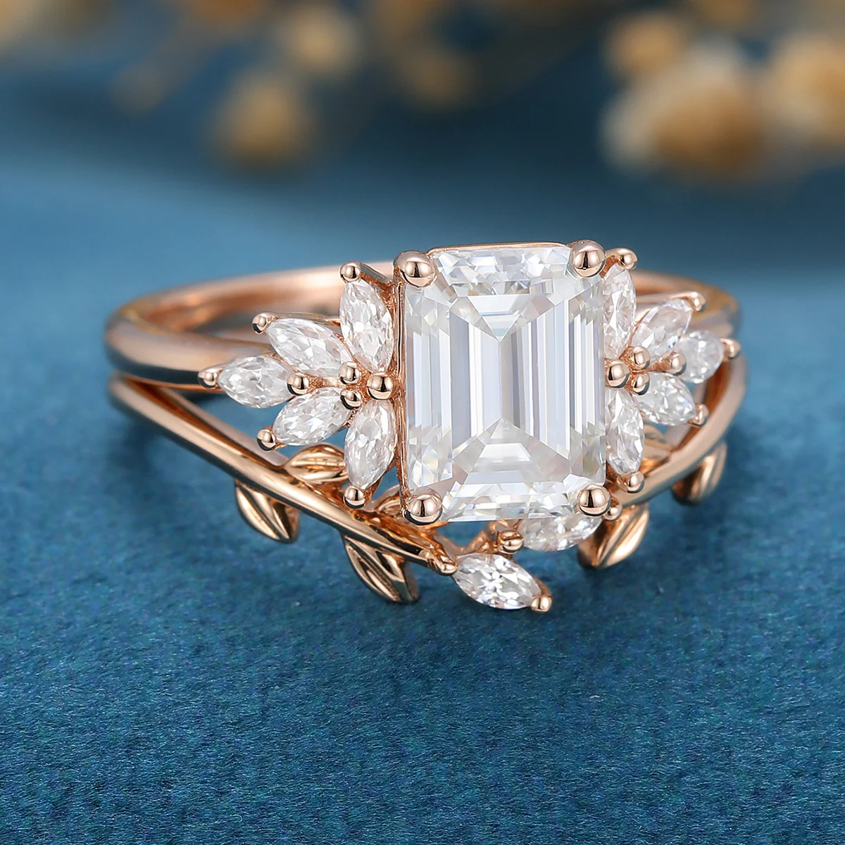 2PCS Emerald Cut Moissanite Cluster Engagement ring Bridal Set - Image 4