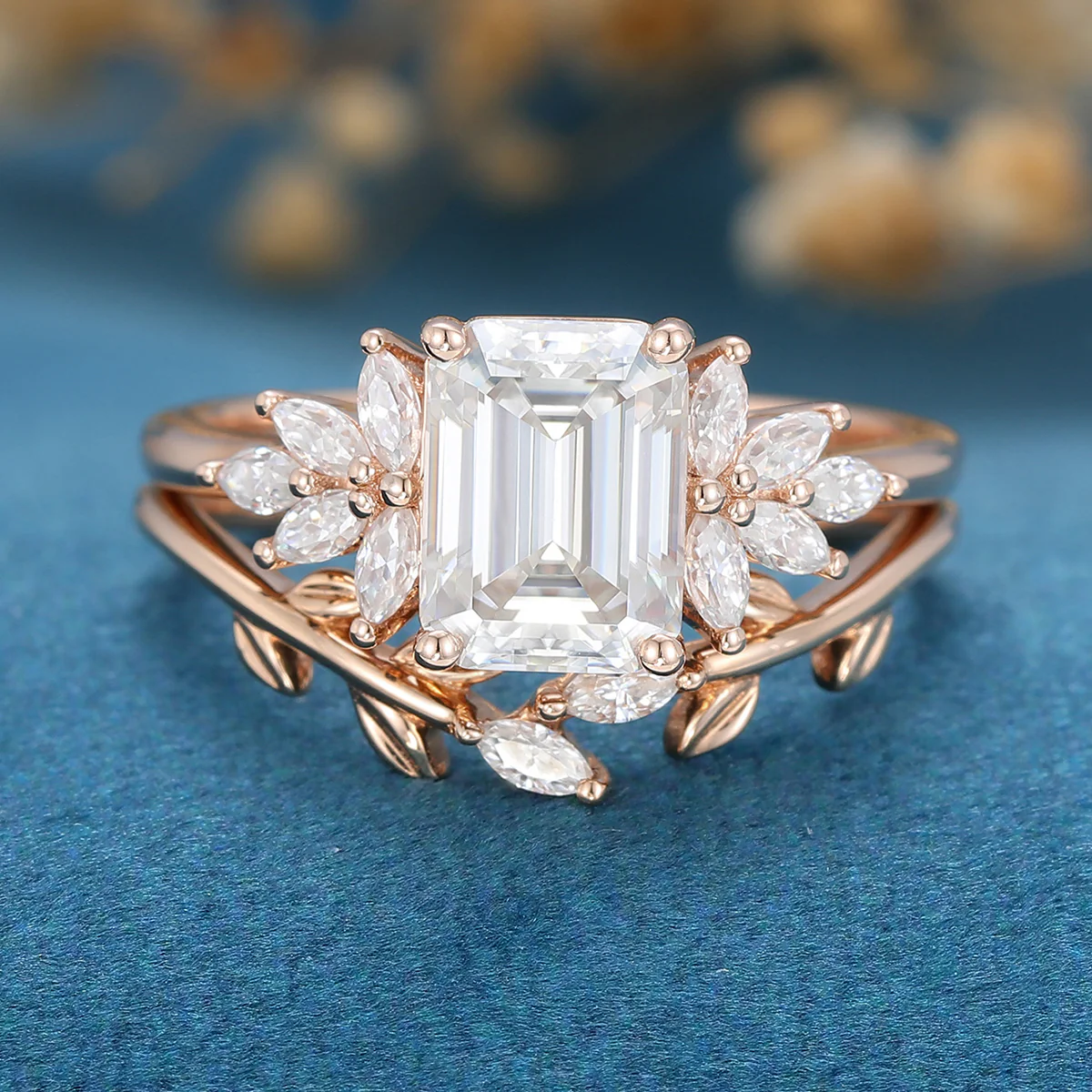 2PCS Emerald Cut Moissanite Cluster Engagement ring Bridal Set - Image 5