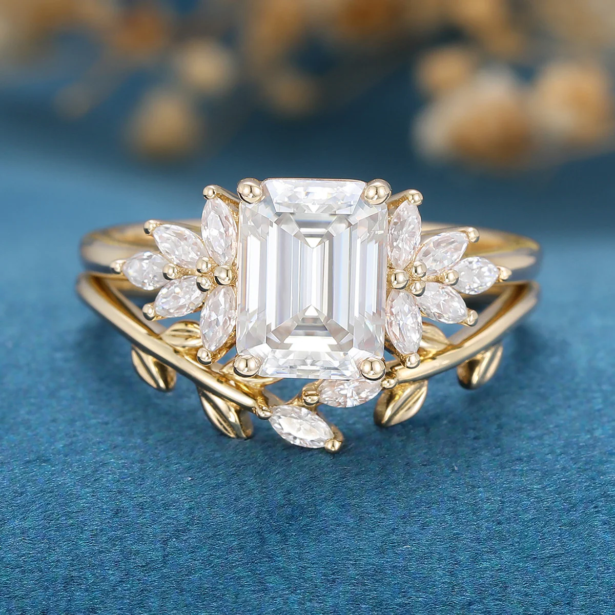 2PCS Emerald Cut Moissanite Cluster Engagement ring Bridal Set - Image 6