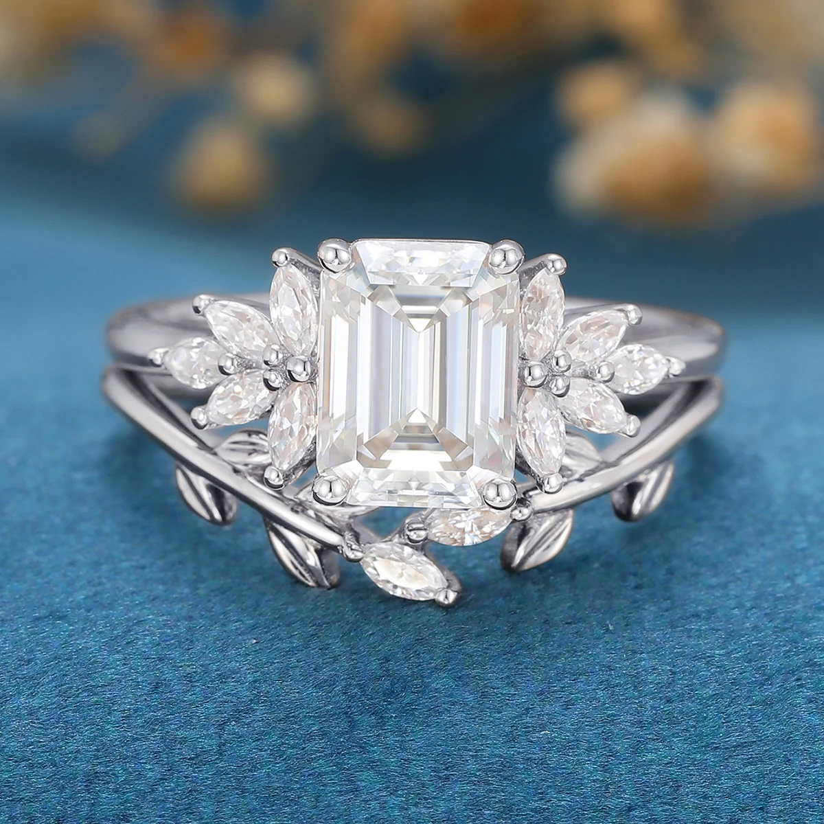2PCS Emerald Cut Moissanite Cluster Engagement ring Bridal Set - Image 7