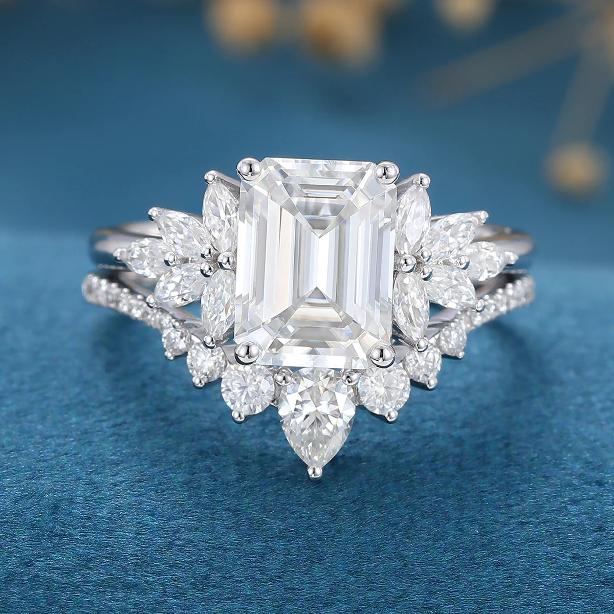 1.7Carat Emerald cut Moissanite Cluster Engagement ring Bridal Set - Image 10