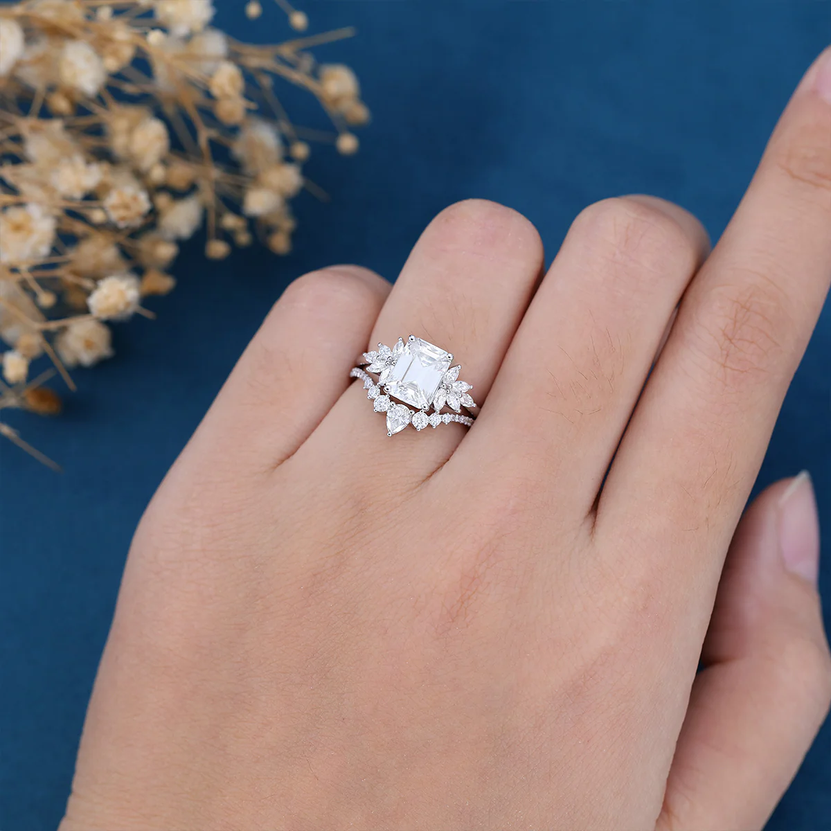 1.7Carat Emerald cut Moissanite Cluster Engagement ring Bridal Set - Image 11