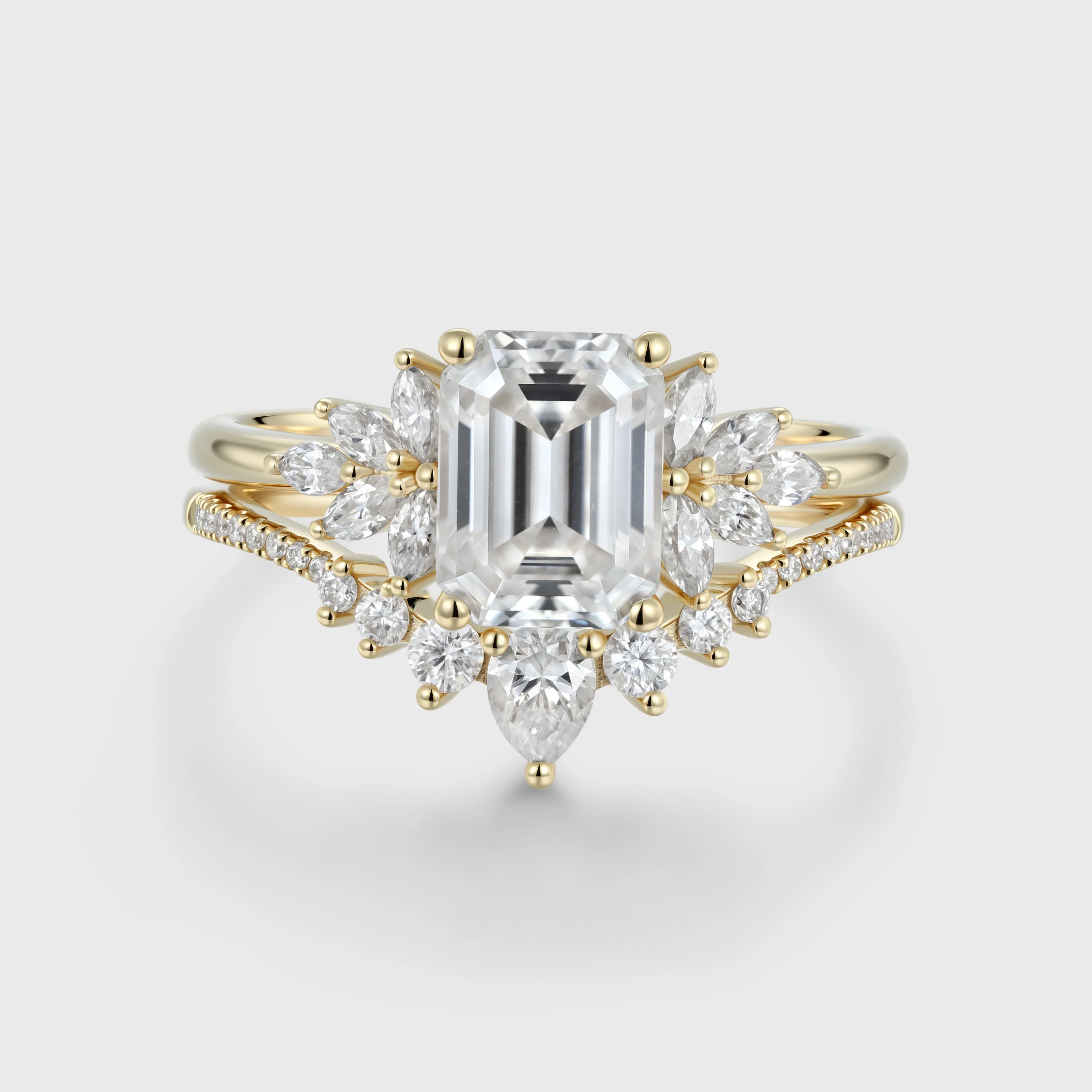 1.7Carat Emerald cut Moissanite Cluster Engagement ring Bridal Set - Image 3