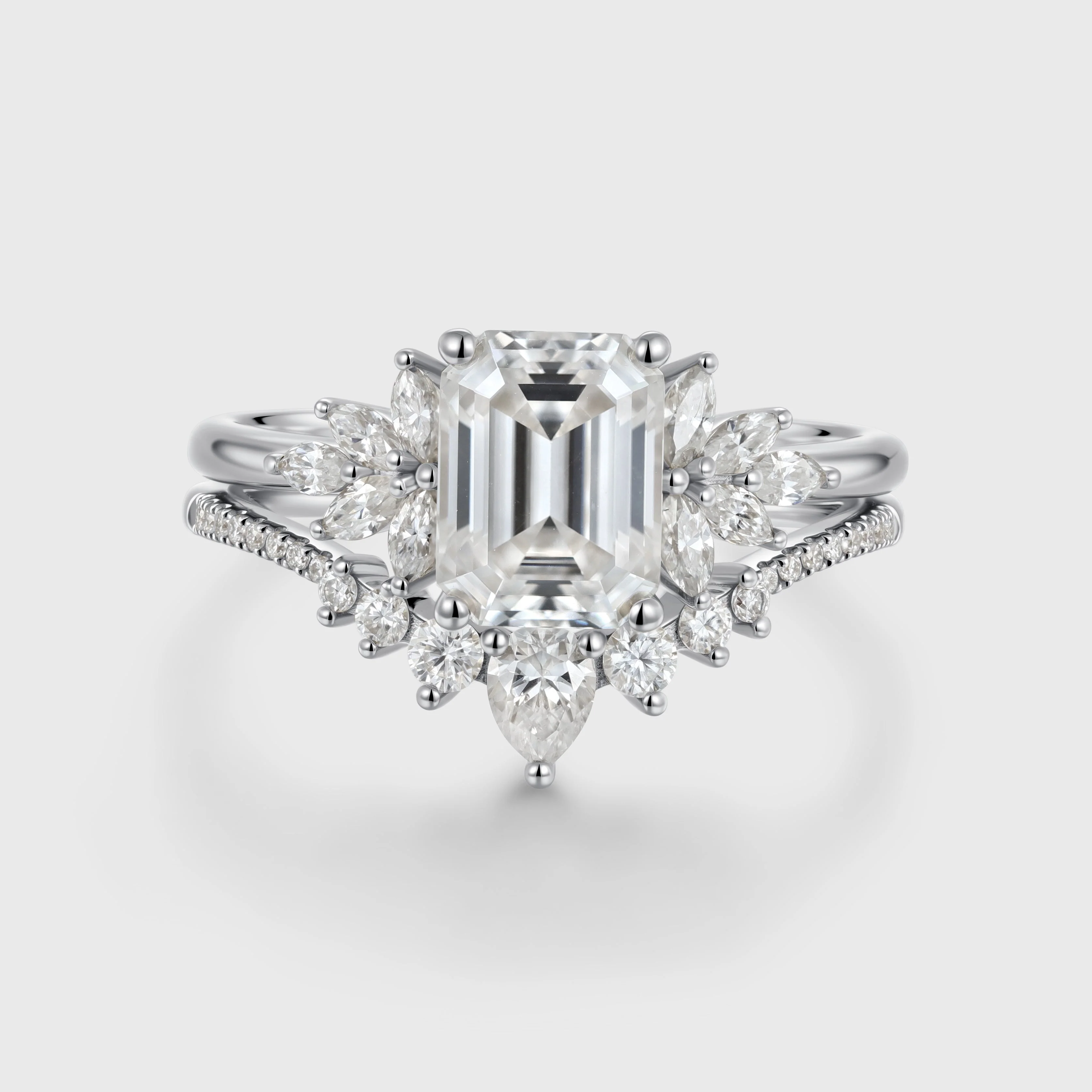 1.7Carat Emerald cut Moissanite Cluster Engagement ring Bridal Set - Image 4