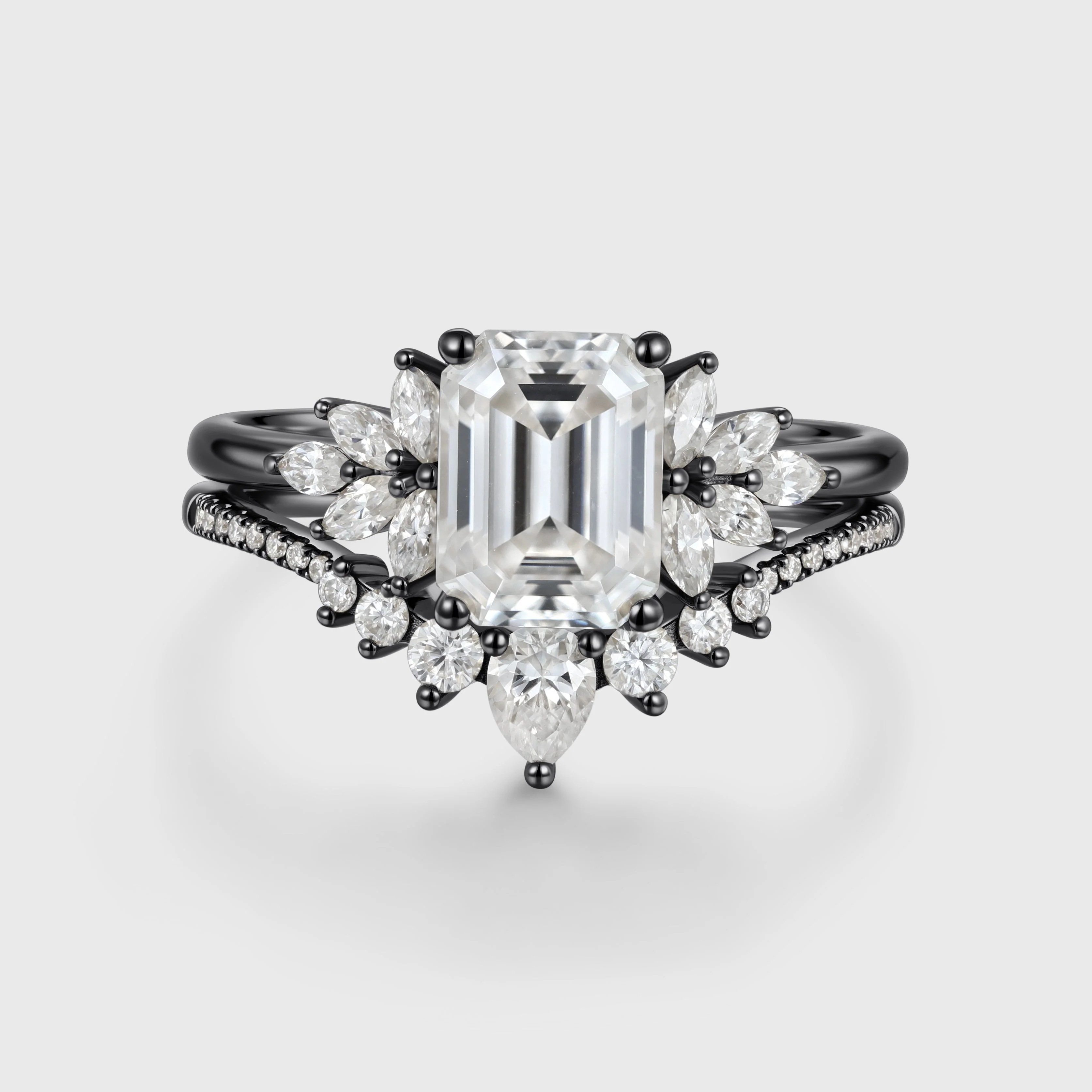 1.7Carat Emerald cut Moissanite Cluster Engagement ring Bridal Set - Image 5