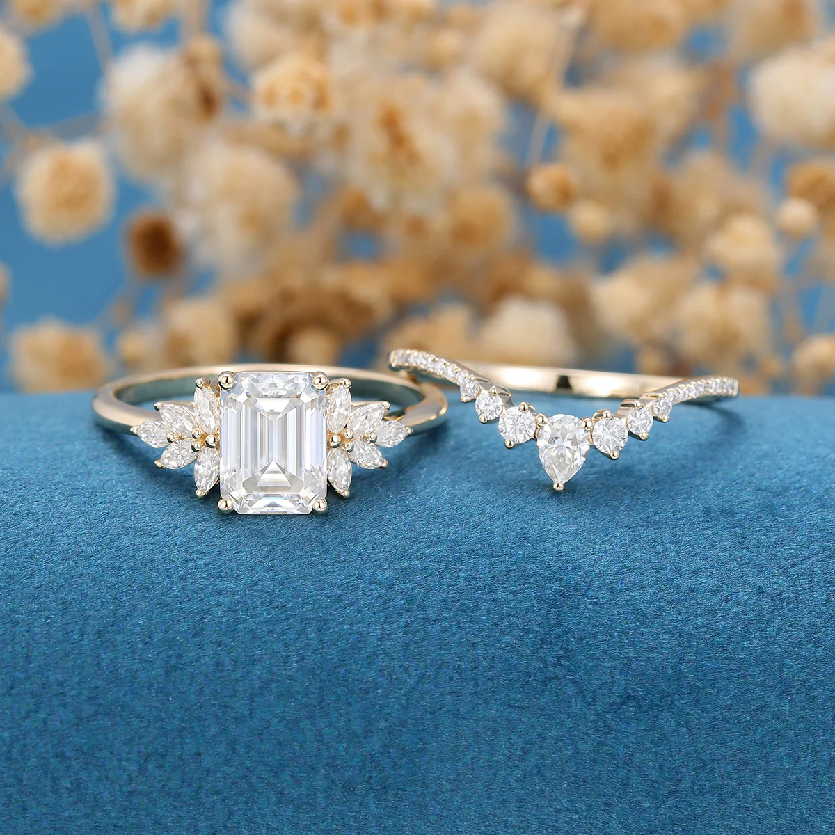 1.7Carat Emerald cut Moissanite Cluster Engagement ring Bridal Set - Image 6
