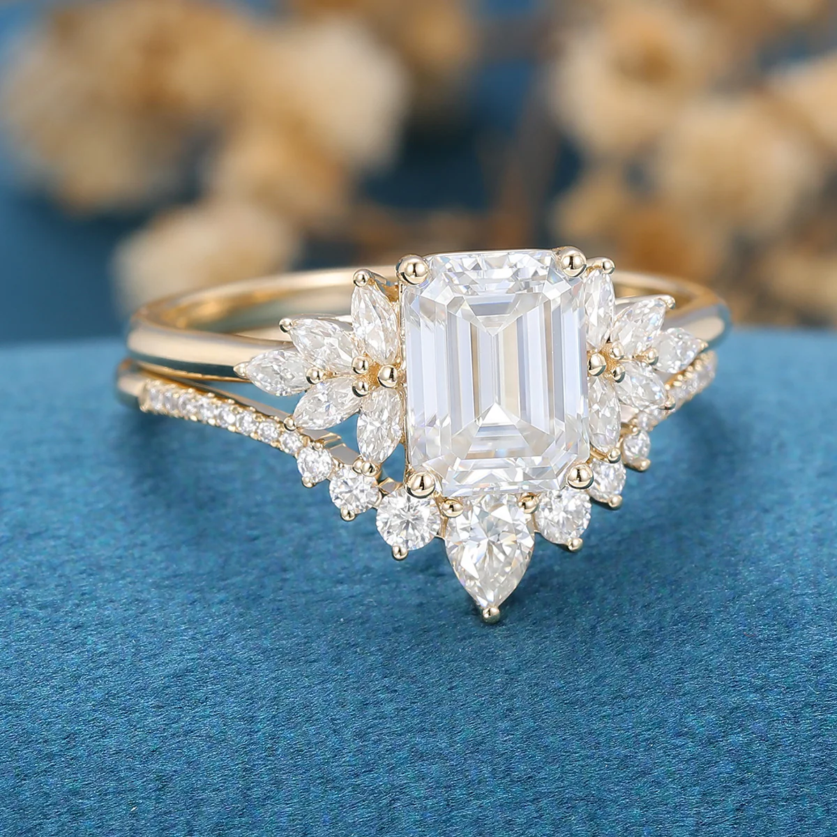 1.7Carat Emerald cut Moissanite Cluster Engagement ring Bridal Set - Image 7