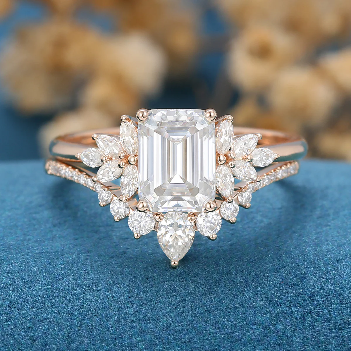 1.7Carat Emerald cut Moissanite Cluster Engagement ring Bridal Set - Image 9