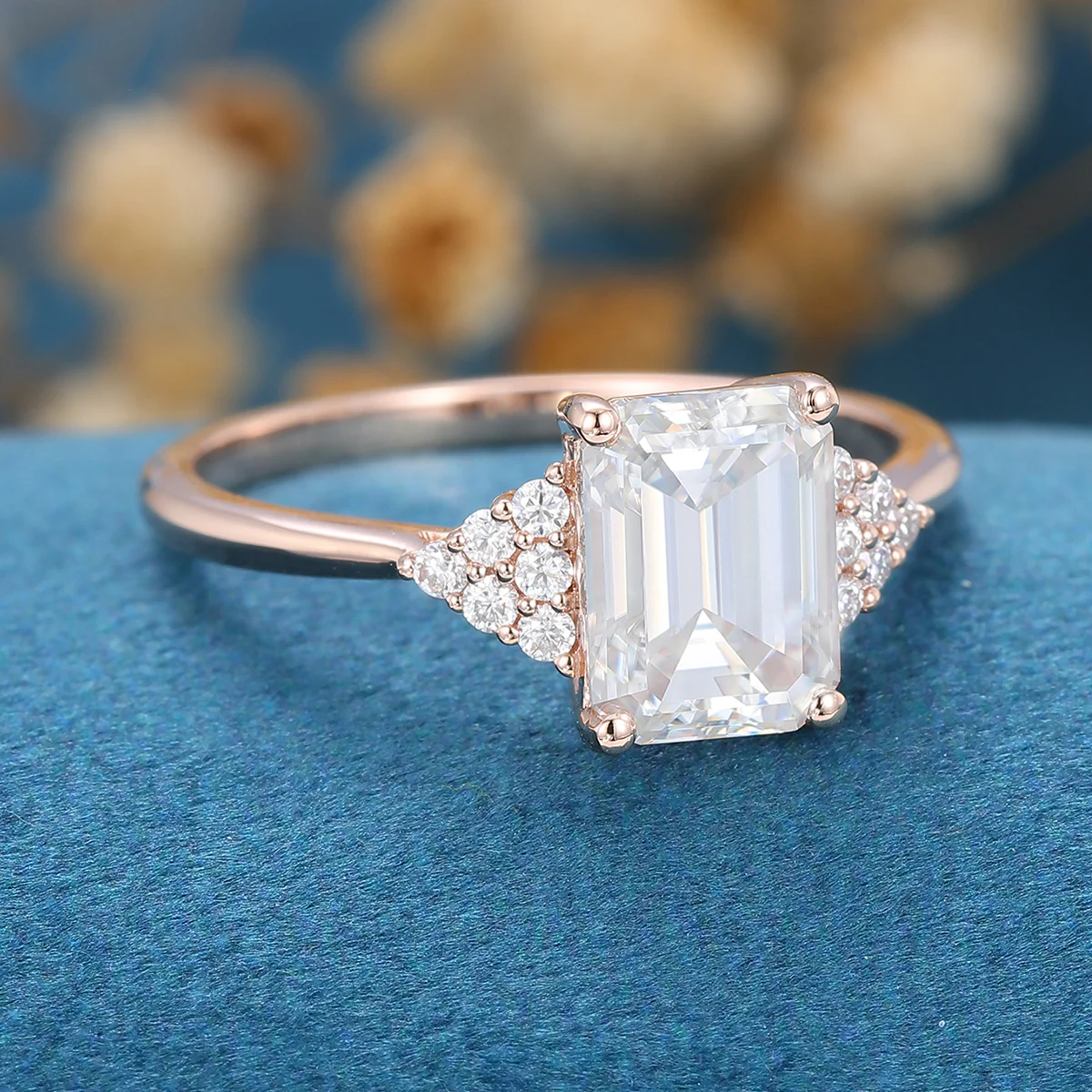 Emerald cut Moissanite  Cluster Engagement Ring - Image 4