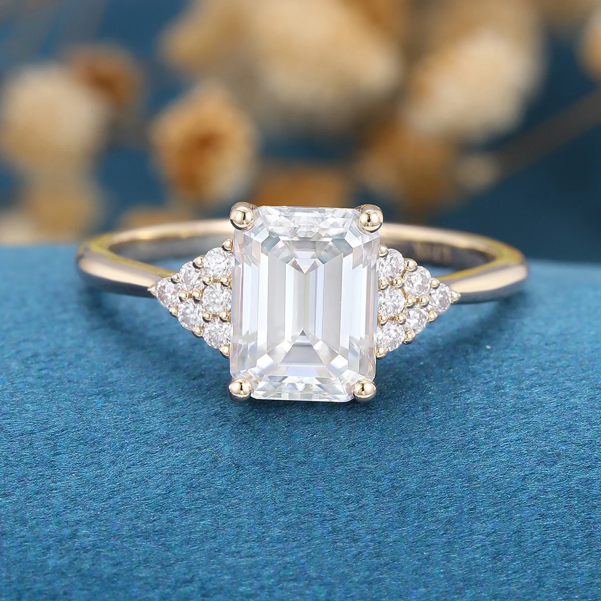 Emerald cut Moissanite  Cluster Engagement Ring - Image 7