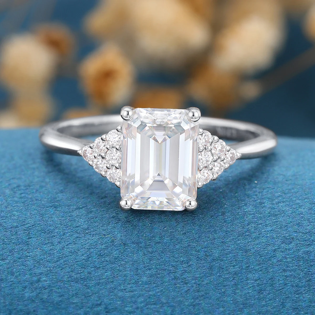 Emerald cut Moissanite  Cluster Engagement Ring - Image 8