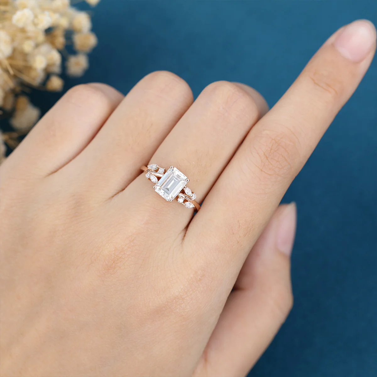 1.7Carat Emerald cut Moissanite Engagement ring Bridal Set - Image 2