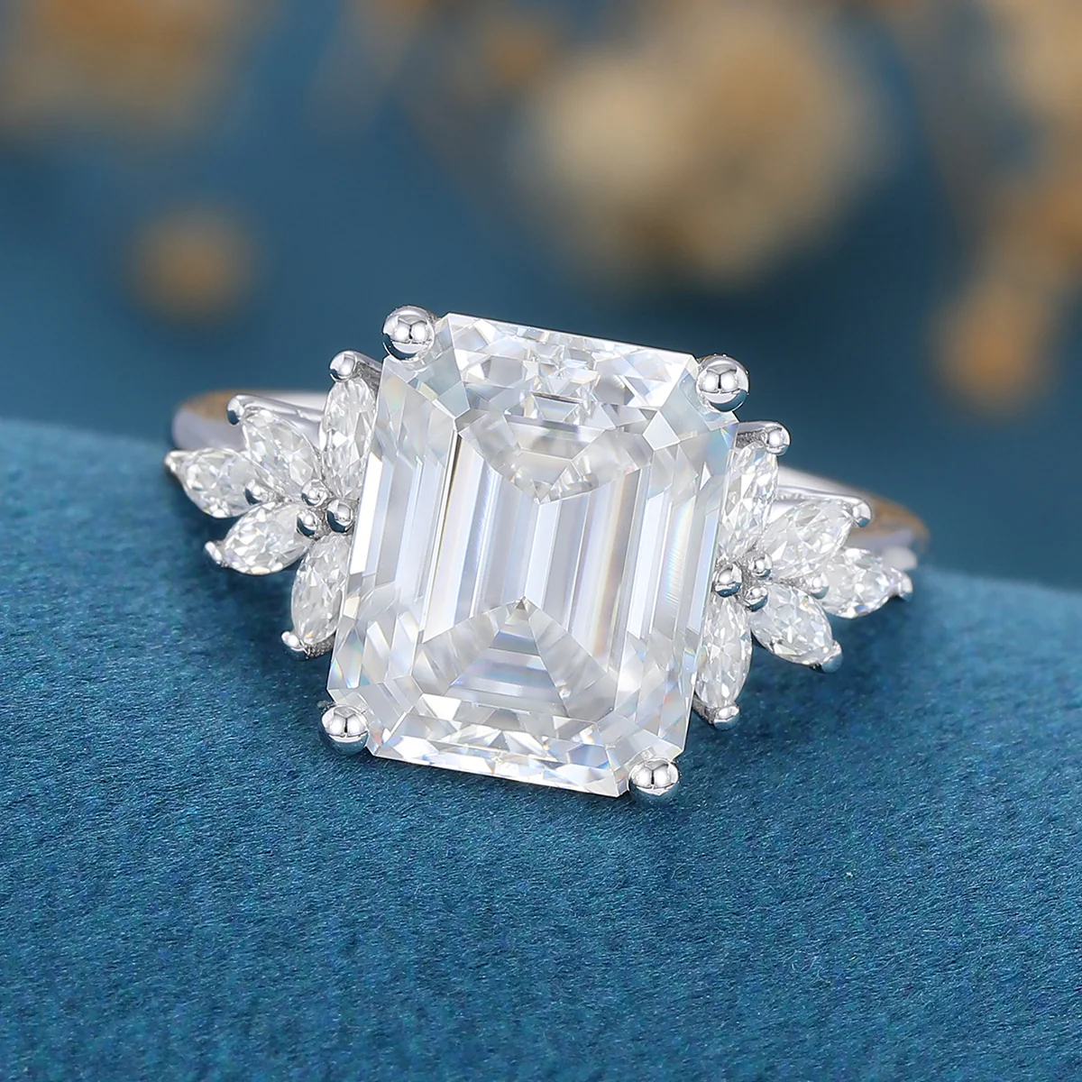 7*10mm 2.5 Carat Emerald cut Moissanite Cluster Engagement Ring - Image 5