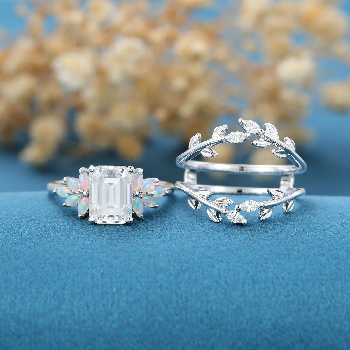 Emerald cut Moissanite Matching Moissanite | Diamonds Gold Bridal Set - Image 3