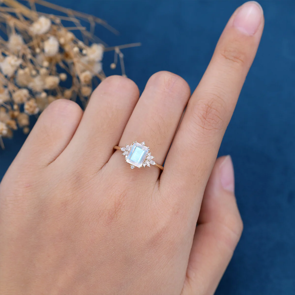 Emerald cut Moonstone Cluster Engagement Ring - Image 2