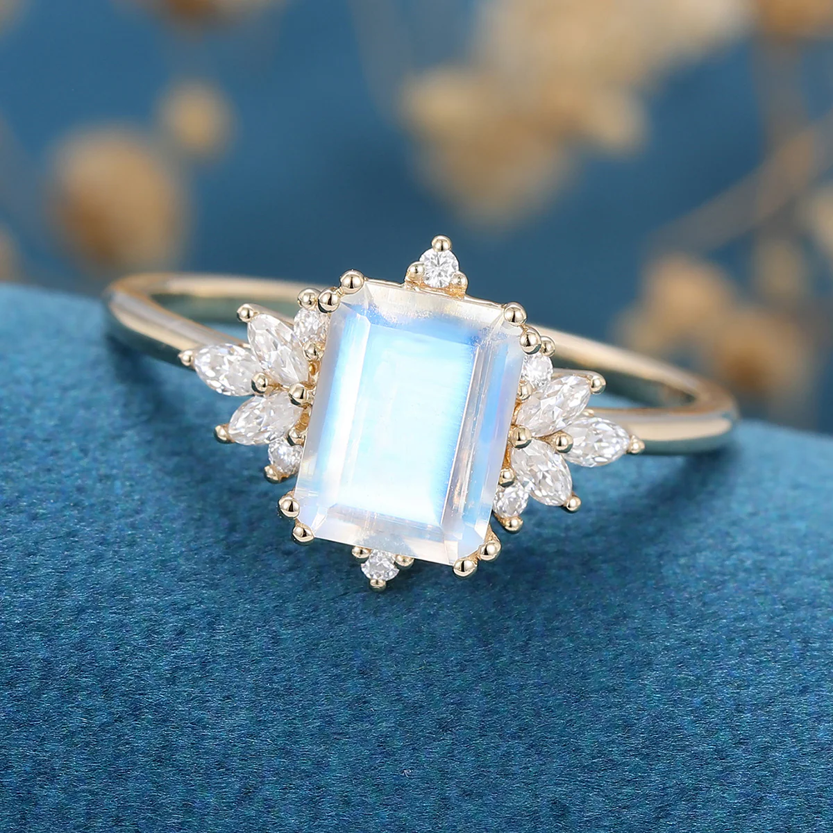 Emerald cut Moonstone Cluster Engagement Ring - Image 5