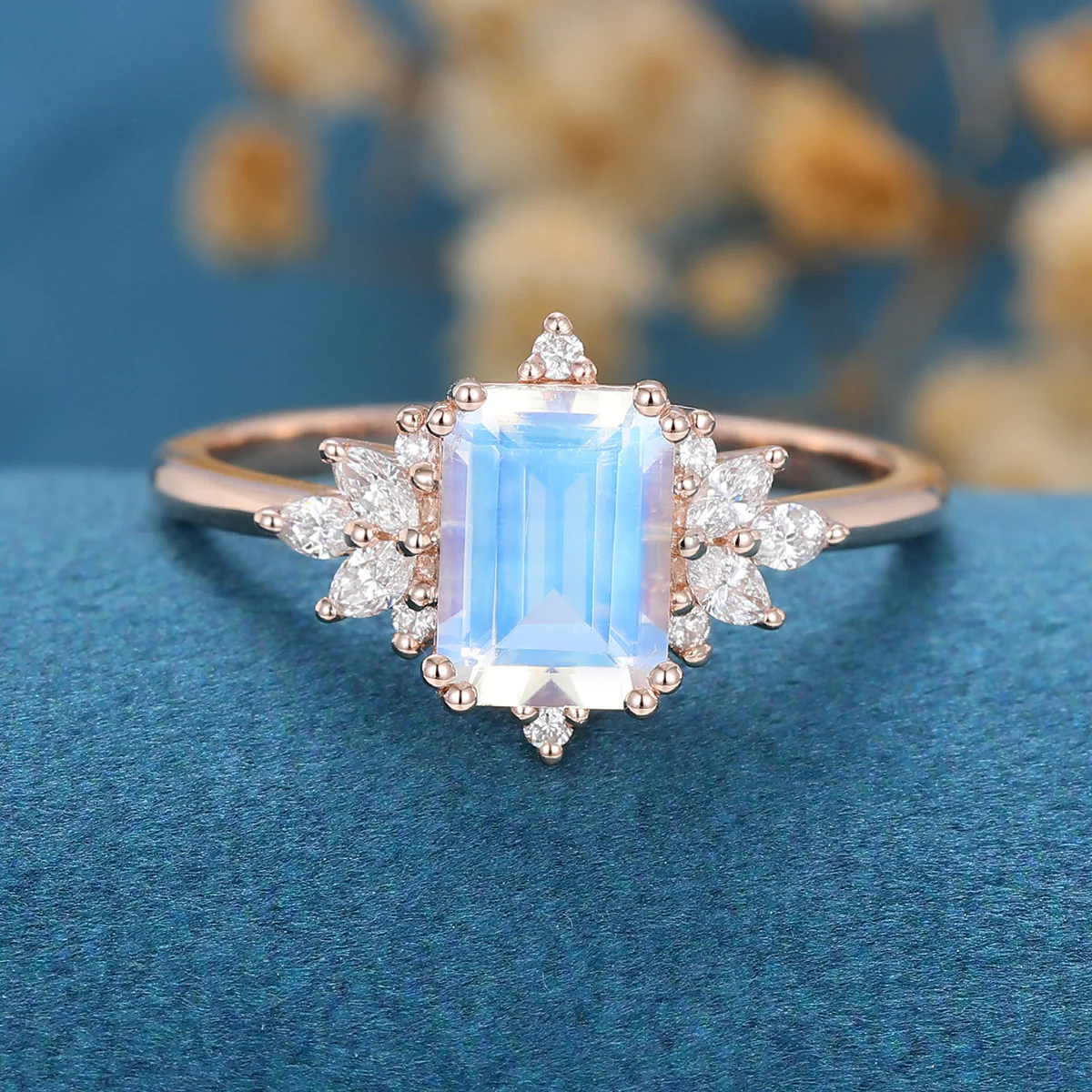 Emerald cut Moonstone Cluster Engagement Ring - Image 7