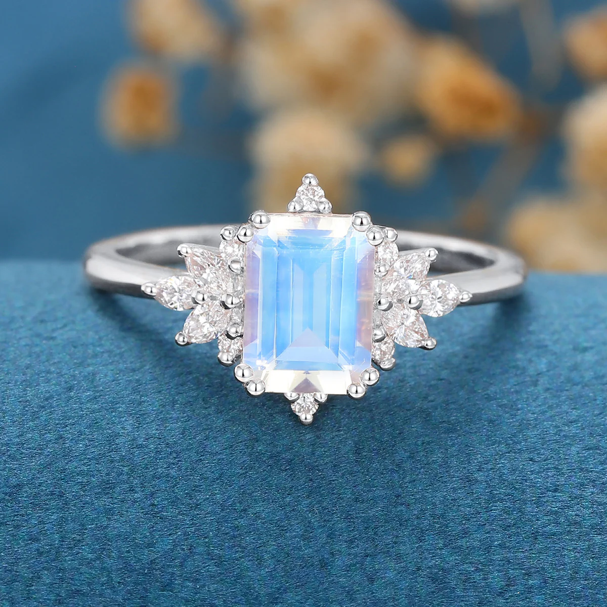 Emerald cut Moonstone Cluster Engagement Ring - Image 8