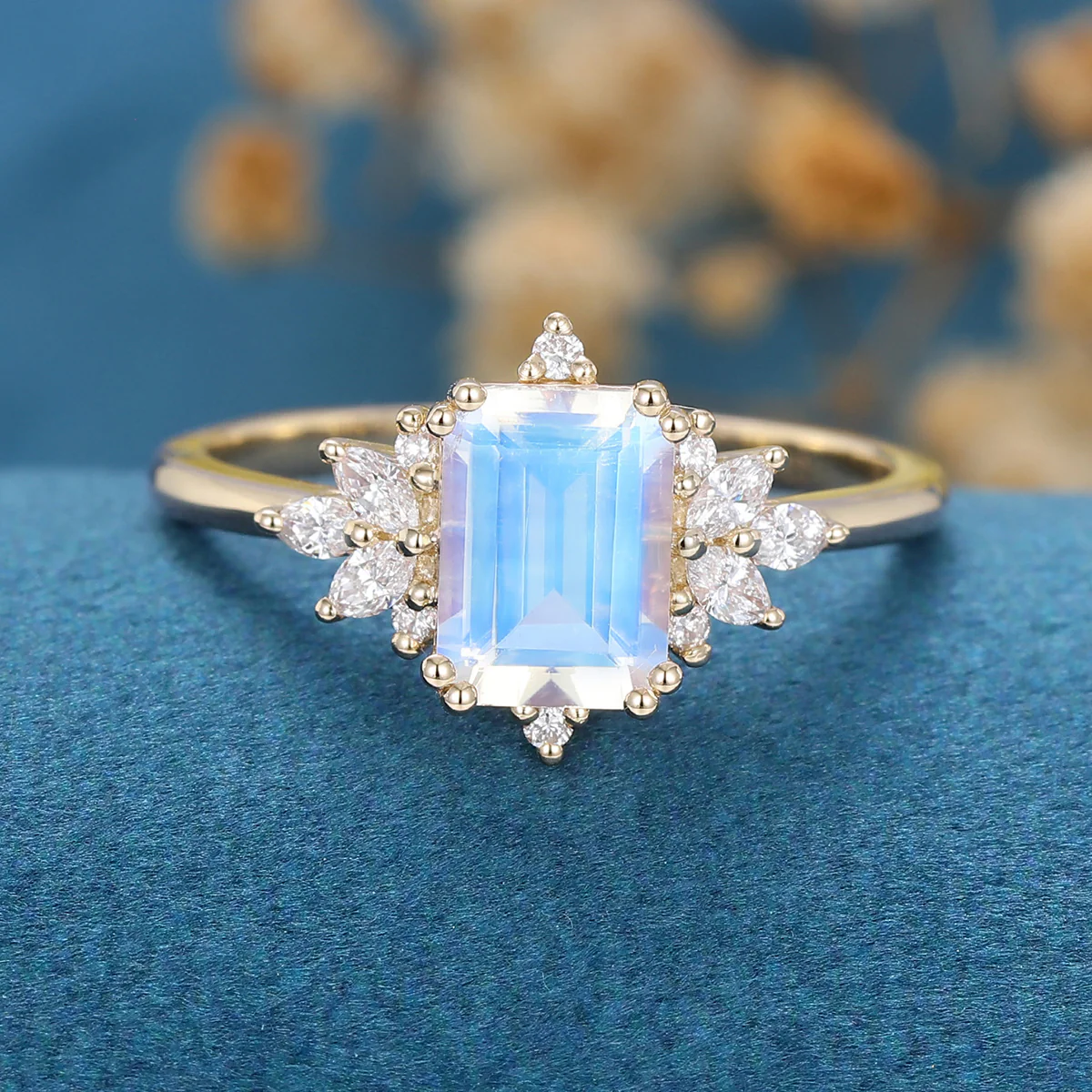 Emerald cut Moonstone Cluster Engagement Ring - Image 9