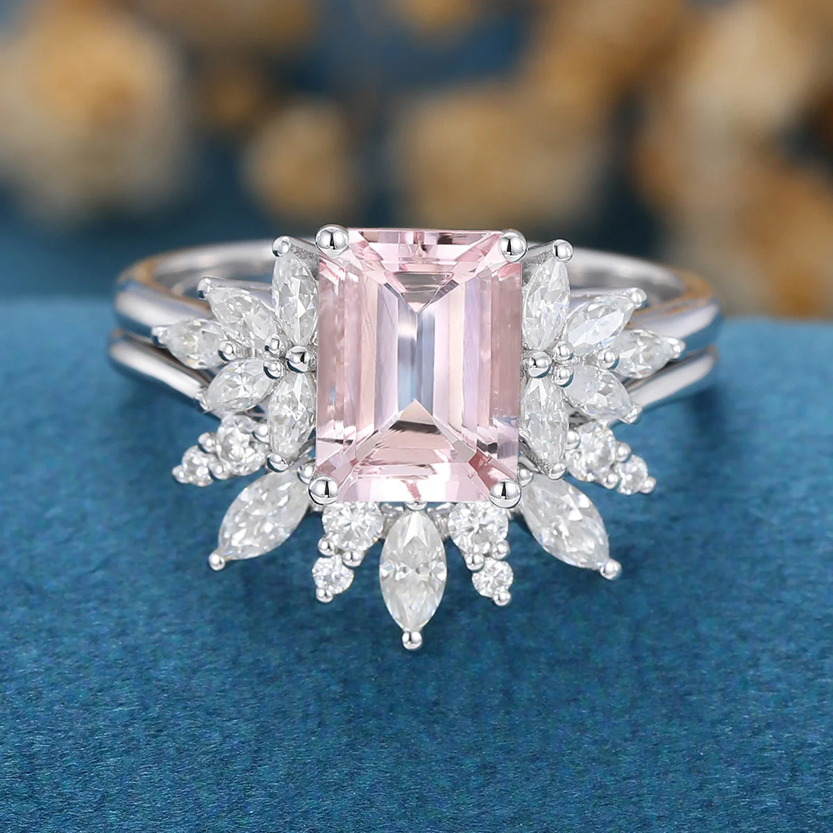 Emerald cut Morganite Cluster Engagement ring Bridal Set - Image 6