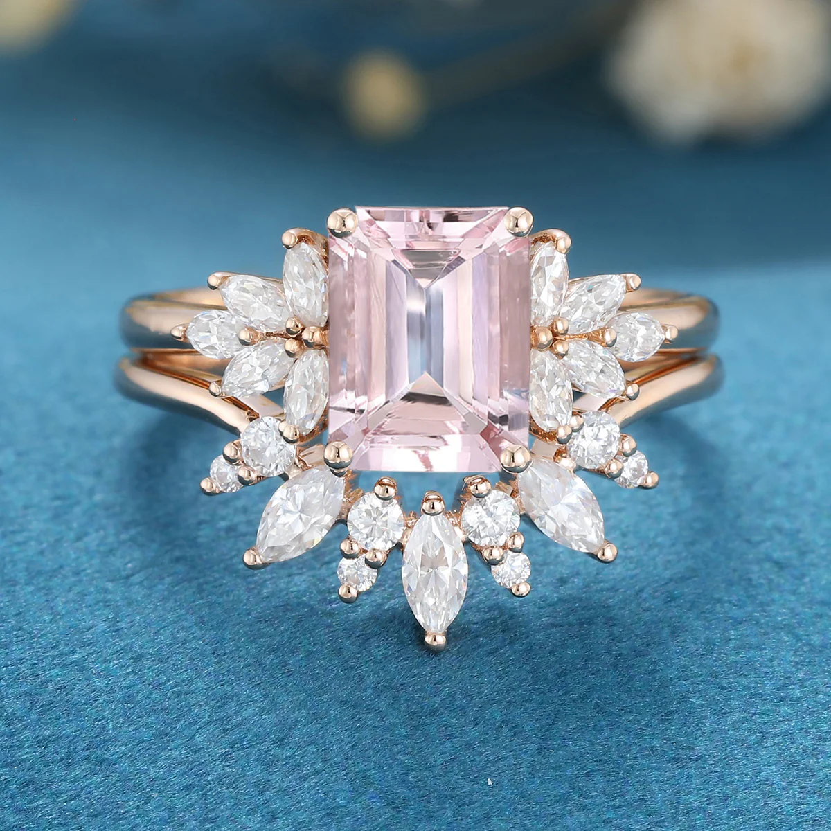 Emerald cut Morganite Cluster Engagement ring Bridal Set - Image 8