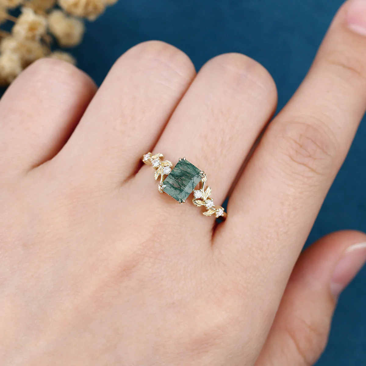 Emerald cut Moss Agate Matching Moissanite | Diamonds Gold Engagement Ring - Image 2