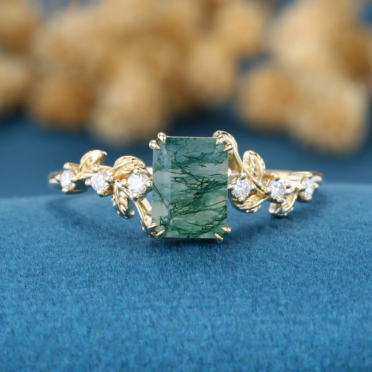 Emerald cut Moss Agate Matching Moissanite | Diamonds Gold Engagement Ring - Image 3