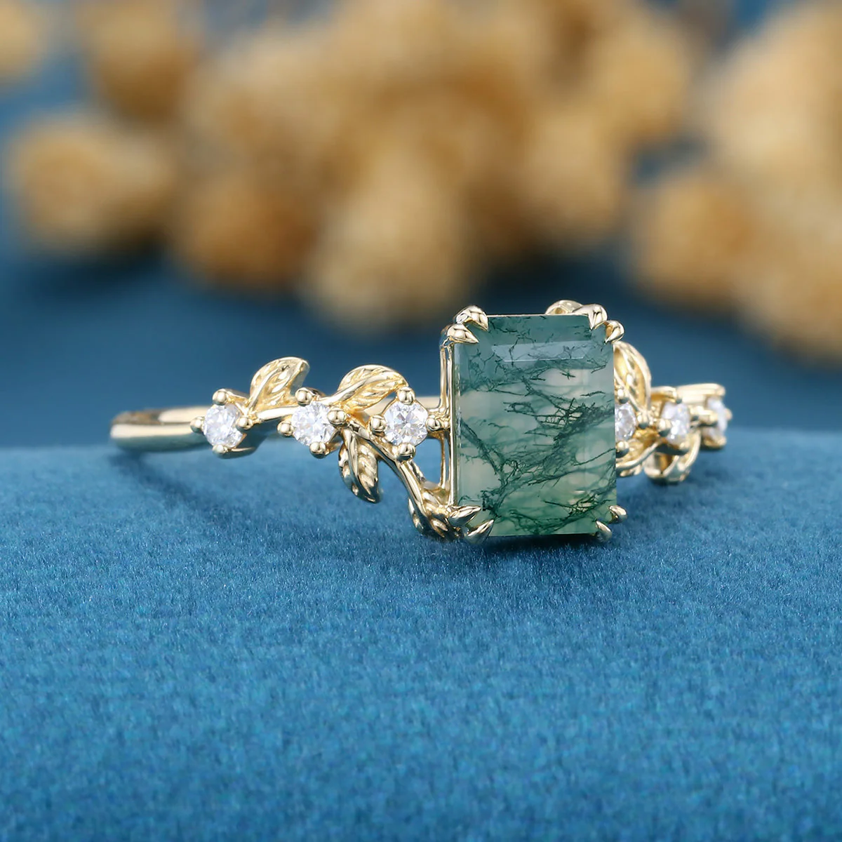 Emerald cut Moss Agate Matching Moissanite | Diamonds Gold Engagement Ring - Image 4