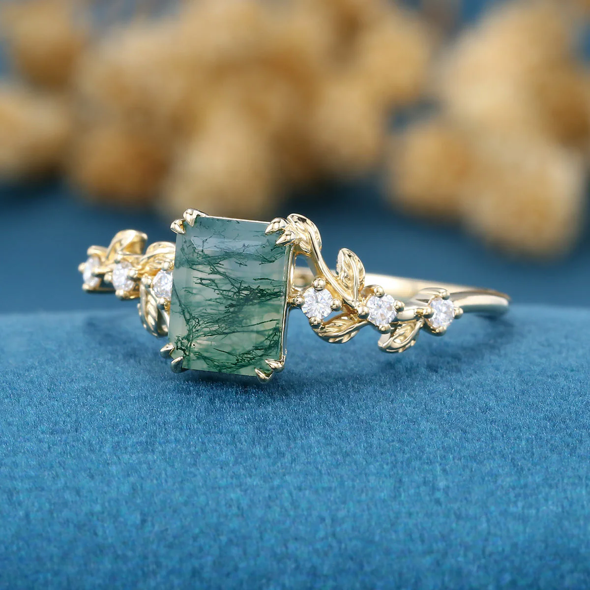 Emerald cut Moss Agate Matching Moissanite | Diamonds Gold Engagement Ring - Image 5