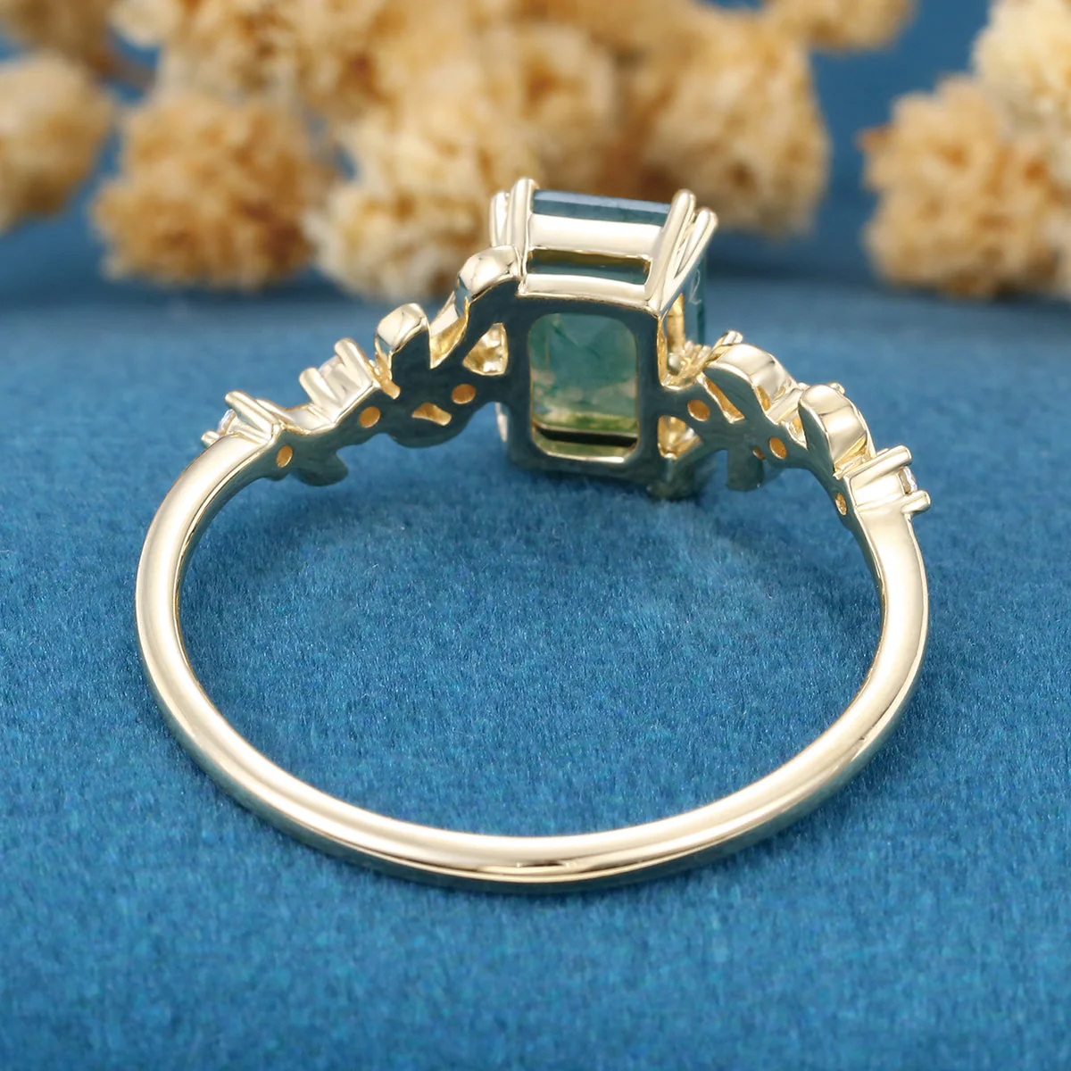 Emerald cut Moss Agate Matching Moissanite | Diamonds Gold Engagement Ring - Image 6