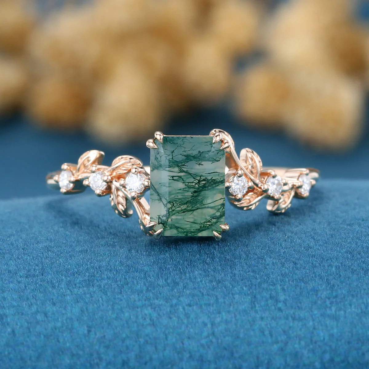 Emerald cut Moss Agate Matching Moissanite | Diamonds Gold Engagement Ring - Image 8