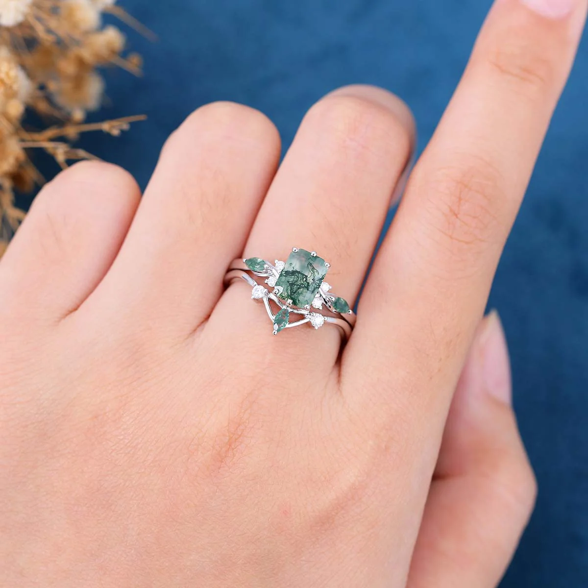 Emerald cut Moss Agate Matching Moissanite | Diamonds Gold Bridal Set - Image 2