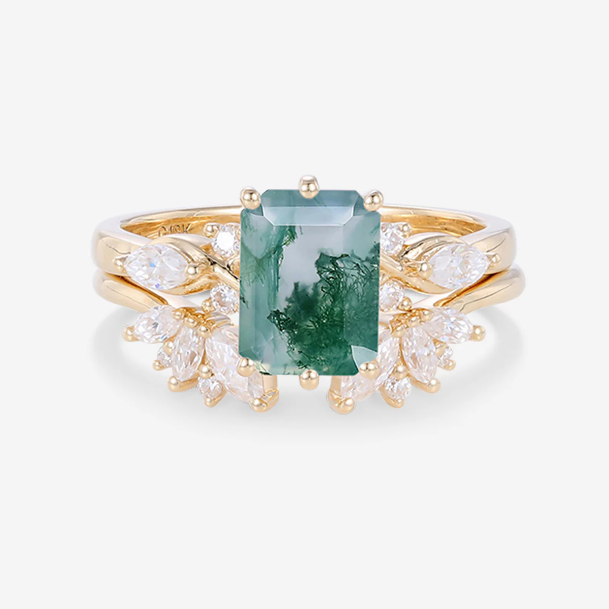 Emerald cut Moss Agate Matching Moissanite | Diamonds Gold Bridal Set