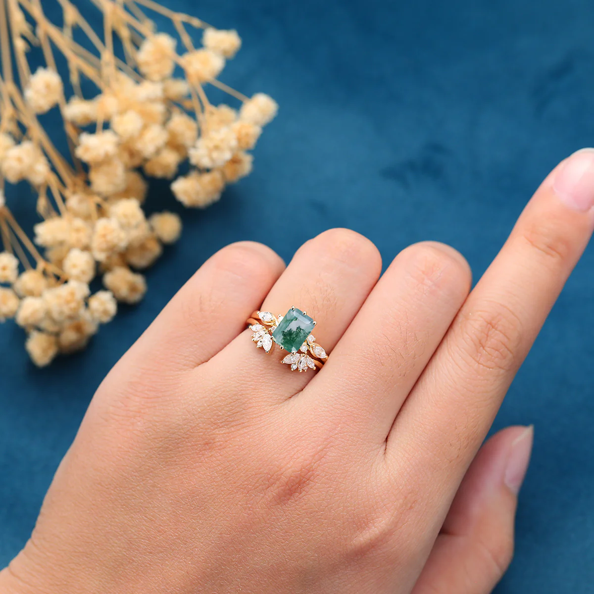 Emerald cut Moss Agate Matching Moissanite | Diamonds Gold Bridal Set - Image 2